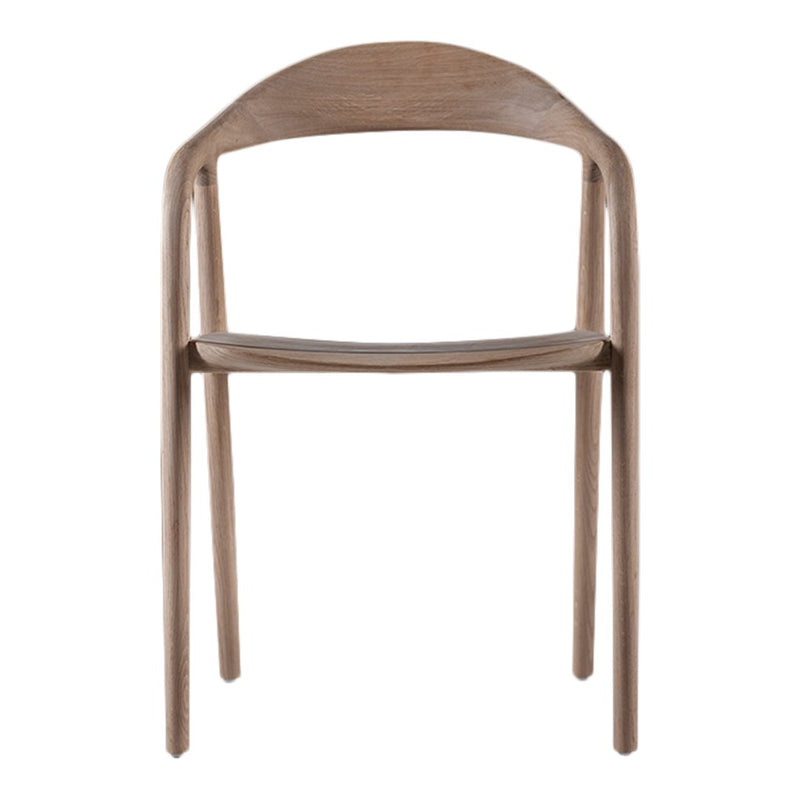 Wooden chair in a light brown finish with a smooth, minimalist design and curved backrest. Ideal for modern decor.