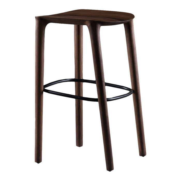 "Dark brown wooden bar stool with sleek black footrest and minimalist design, perfect for modern decor."