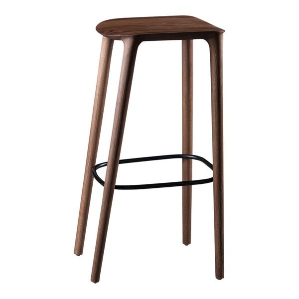 Wooden bar stool in rich walnut finish with sleek, curved edges and minimalist black metal footrest.