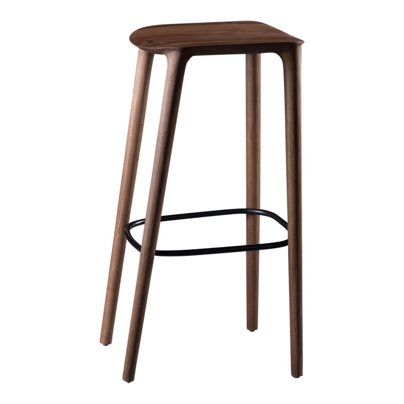 Wooden bar stool in rich walnut finish with sleek, curved edges and minimalist black metal footrest.