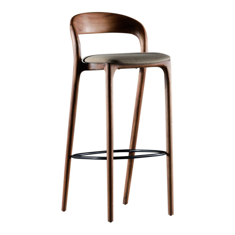 Wooden bar stool with a curved backrest and natural walnut finish, featuring a sleek, minimalist design.