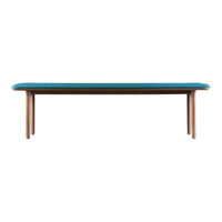 Teal upholstered bench with natural wood legs, featuring a sleek, modern design and no intricate patterns.