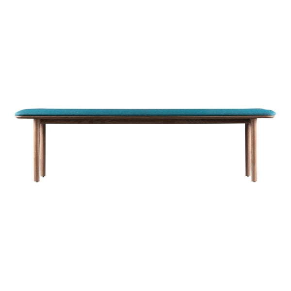 Teal upholstered bench with natural wood legs, featuring a sleek, modern design and no intricate patterns.