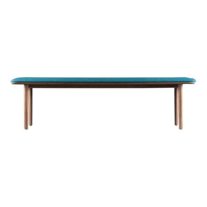 Teal upholstered bench with natural wood legs, featuring a sleek, modern design and no intricate patterns.
