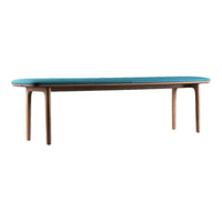 Teal upholstered tabletop with smooth walnut wood legs, featuring a sleek, modern design. Perfect for contemporary spaces.