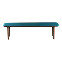 Teal upholstered bench with a smooth finish and wooden legs, perfect for modern home decor.