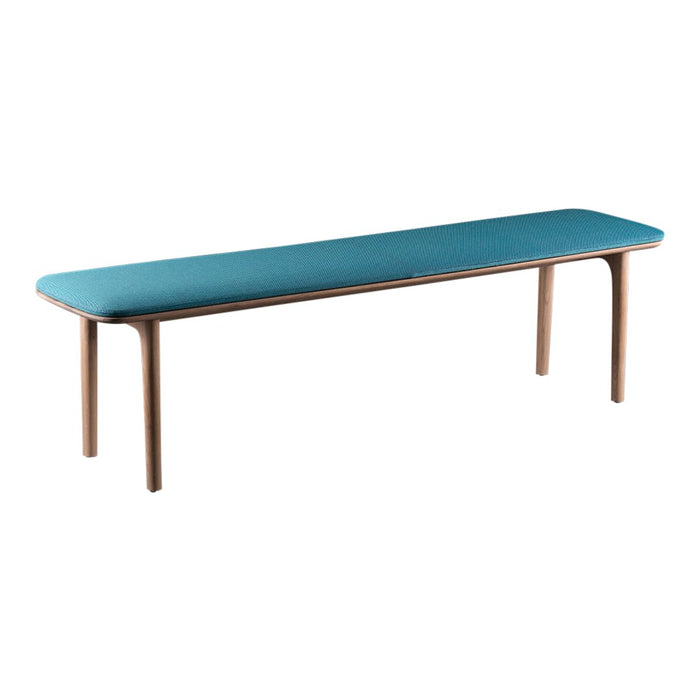 Teal upholstered bench with sleek wooden legs, offering a modern and minimalist design. Perfect for stylish seating.