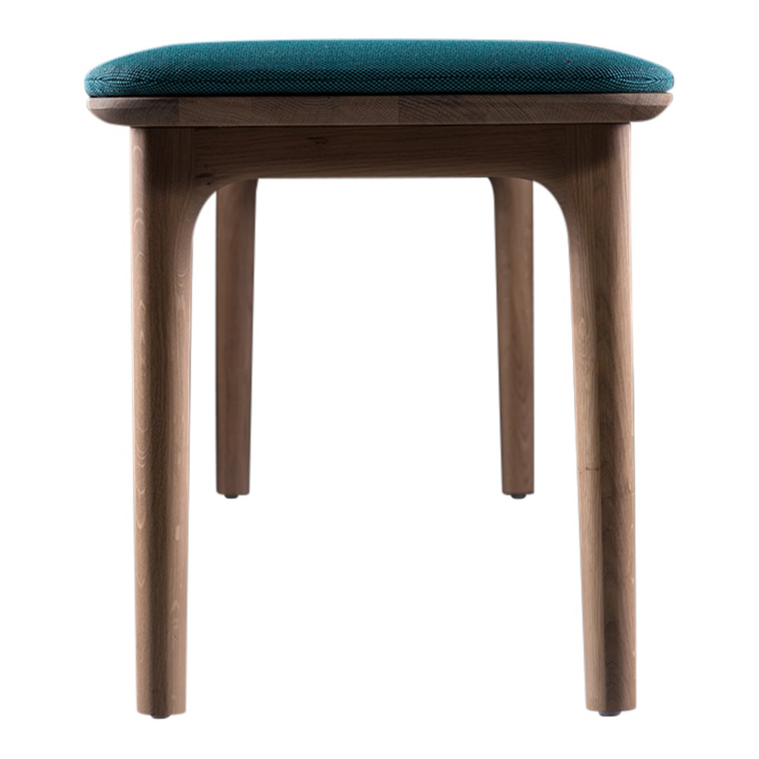 Teal upholstered seat with a sleek wooden frame, showcasing a modern and elegant design. Perfect for any decor.