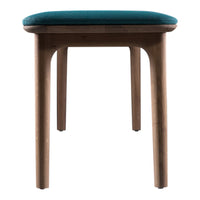 Teal upholstered seat with a sleek wooden frame, showcasing a modern and elegant design. Perfect for any decor.