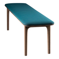 Teal upholstered bench with a smooth, solid wood frame, featuring a sleek, modern design.