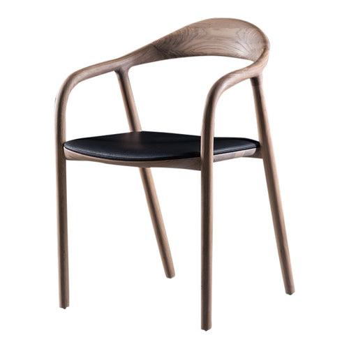 Sleek wooden chair with a natural walnut finish and a smooth black leather seat. Modern, minimalist design.