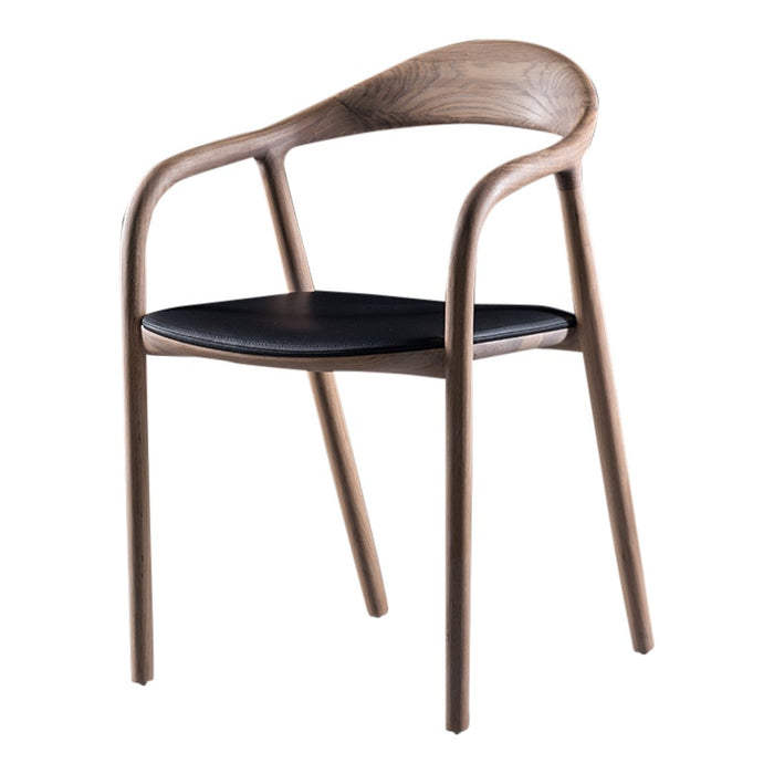 Sleek wooden chair with a natural walnut finish and a smooth black leather seat. Modern, minimalist design.