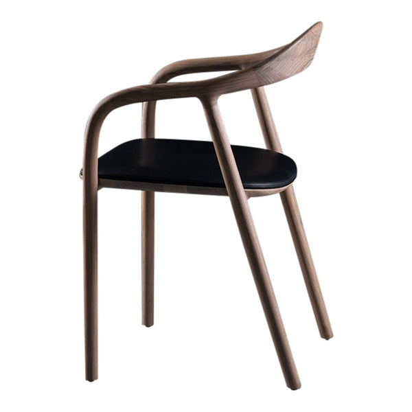 Stylish wooden chair with a natural finish and a sleek black seat, featuring smooth curves and minimalist design.