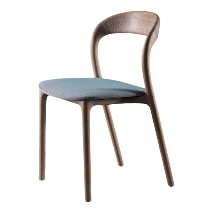 Natural wood chair with a curved back and soft blue seat, showcasing a minimalist design and smooth finish.