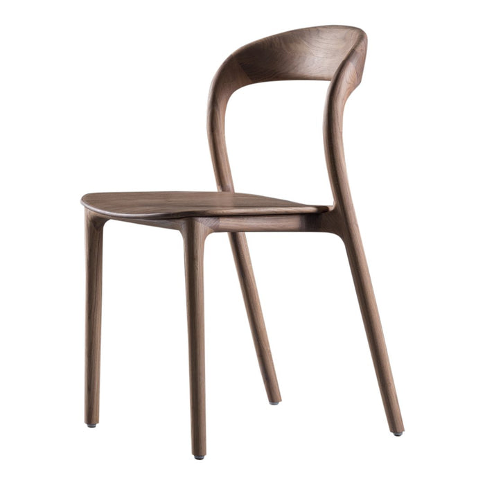 Brown wooden chair with a smooth, sleek design and curved backrest, showcasing a minimalist aesthetic.