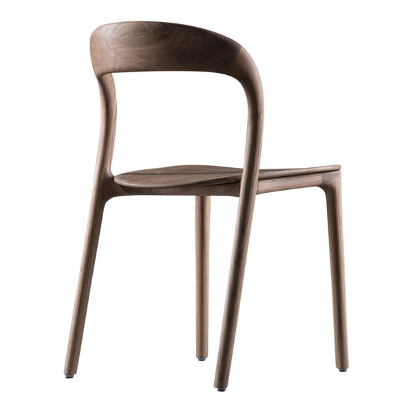 Elegant walnut dining chair with smooth curves and a natural wood finish, showcasing rich brown tones and minimal design.