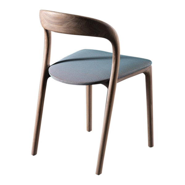 Elegant wooden chair with a sleek walnut finish and a soft blue upholstered seat. Perfect for modern decor.