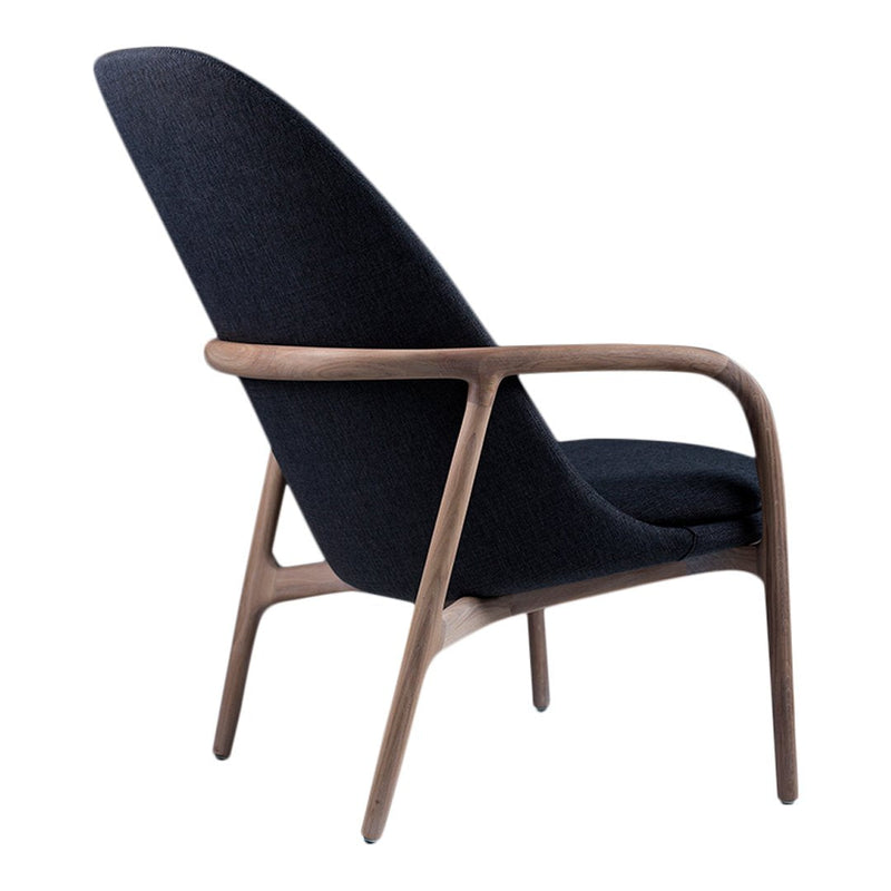 Elegant black upholstered chair with smooth wood frame, featuring a minimalist design and curved silhouette.