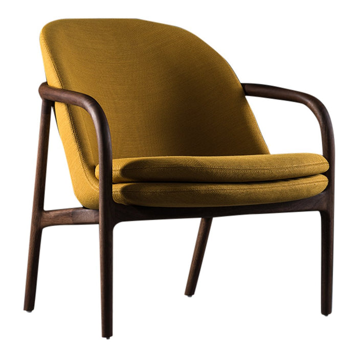 Mid-century modern chair in mustard yellow fabric with a minimalist wood frame. Perfect pop of color for any space.
