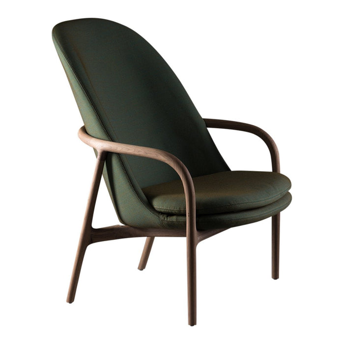 "Mid-century green upholstered chair with sleek walnut frame, featuring a streamlined design and soft curves."