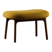 Yellow upholstered ottoman with a smooth, curved design and dark wooden legs. Perfect for modern decor.