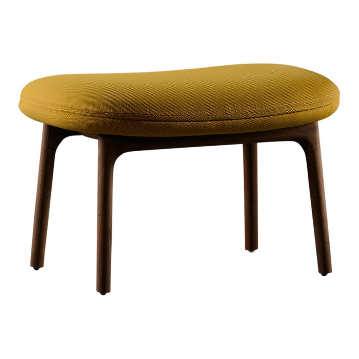 Yellow upholstered ottoman with a smooth, curved design and dark wooden legs. Perfect for modern decor.