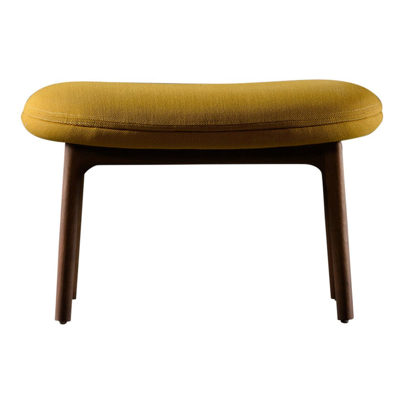 "Yellow upholstered ottoman with a smooth, curved design and dark wooden legs."