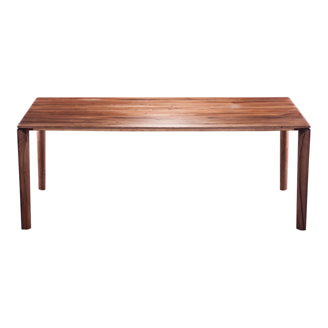 Rectangular wooden dining table in rich walnut finish with a sleek, smooth surface and minimalistic design.