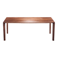 Rectangular wooden dining table in rich walnut finish with a sleek, smooth surface and minimalistic design.