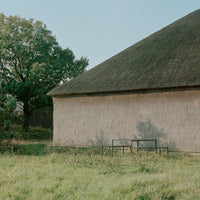 Rustic beige wall with a thatched green roof, surrounded by lush greenery and soft grass patterns.