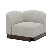 Curved light gray upholstered accent chair with a dark wood base, featuring a minimalist design and soft texture.