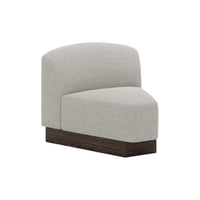 Light gray curved accent chair with smooth upholstery and a dark wooden base. Perfect for modern interiors.