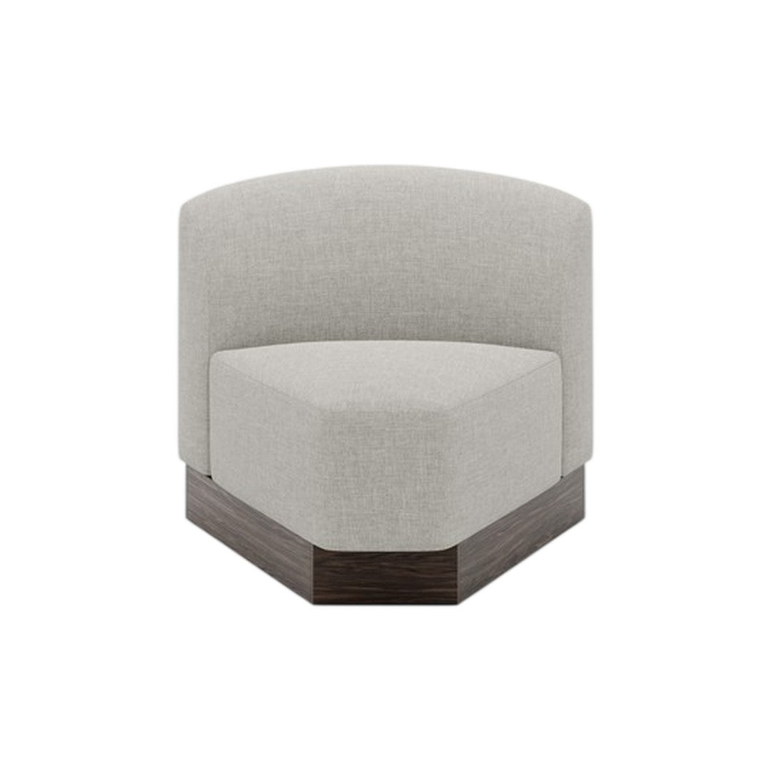 Stylish gray upholstered curved chair with a dark wooden base, featuring a modern minimalist design.