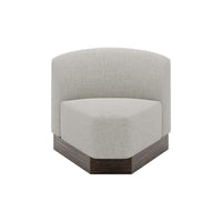 Stylish gray upholstered curved chair with a dark wooden base, featuring a modern minimalist design.