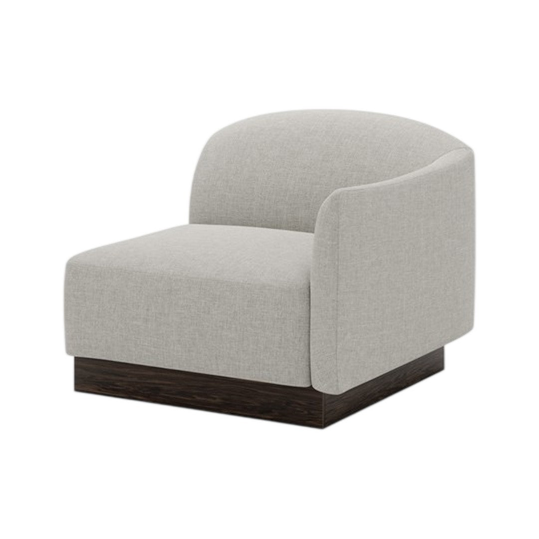 Light gray upholstered chair with a smooth, curved design and a dark wood base, perfect for modern decor.