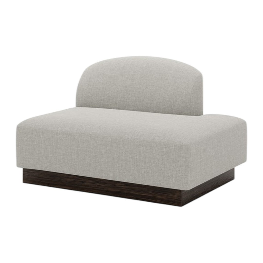 Light gray upholstered sofa with a smooth, minimalist design and dark wood base, perfect for modern interiors.
