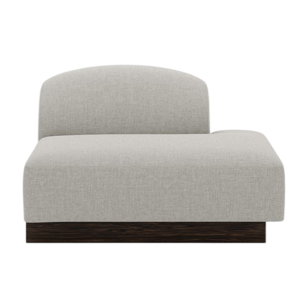 Light gray upholstered chair with a smooth, minimalist design and a dark wooden base. Ideal for modern decor.