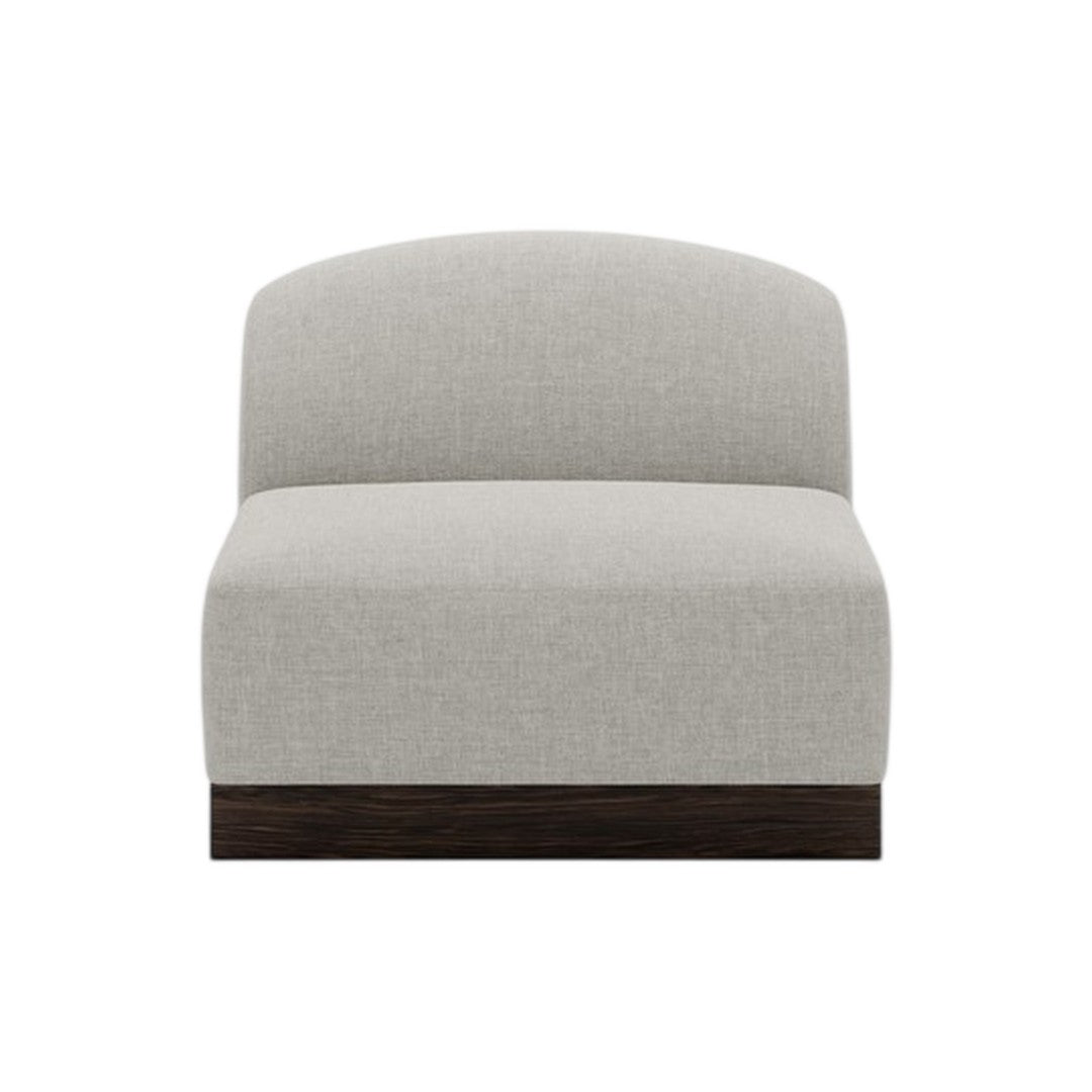 Light gray upholstered chair with a smooth finish and dark wood base, minimalistic design. Perfect for modern decor.