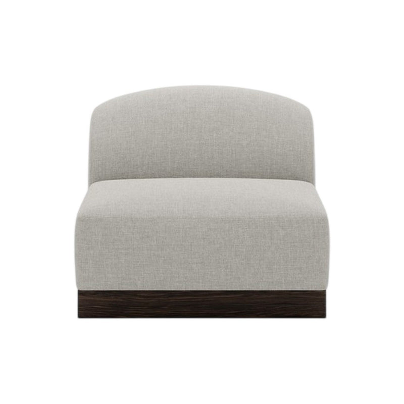 Light gray upholstered chair with a smooth finish and dark wood base, minimalistic design. Perfect for modern decor.