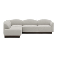 Light gray fabric sectional sofa with rounded edges and a dark wood base for a modern, cozy look.