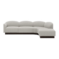 Light gray sectional sofa with a smooth, curved design and dark wood base, perfect for modern living spaces.