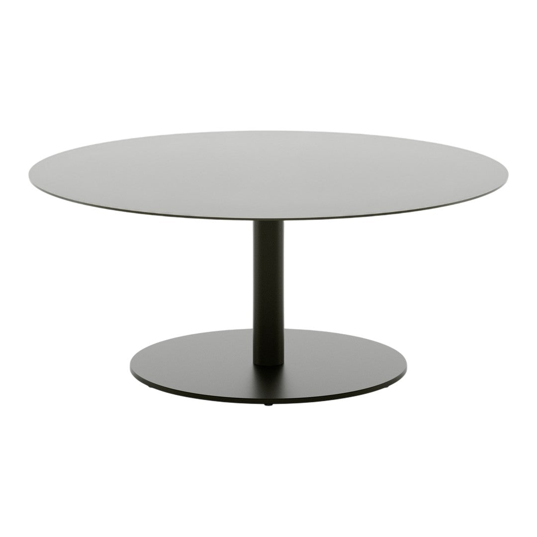Round coffee table featuring a sleek gray top and black circular base, ideal for modern decor.
