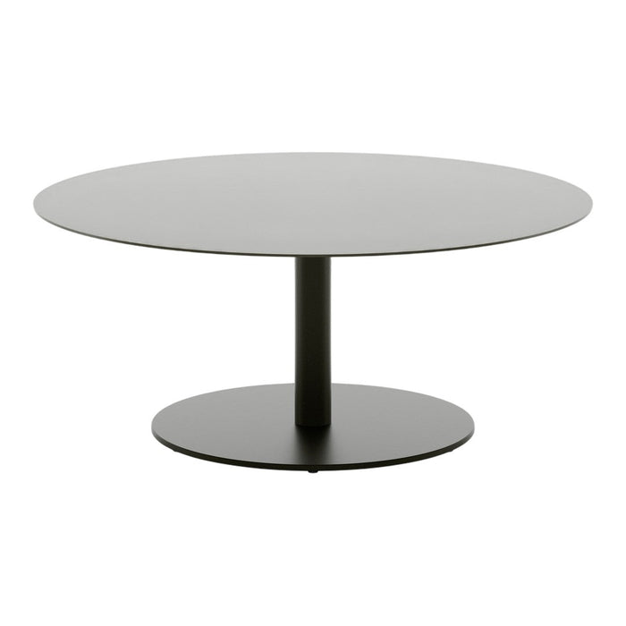 Round coffee table featuring a sleek gray top and black circular base, ideal for modern decor.