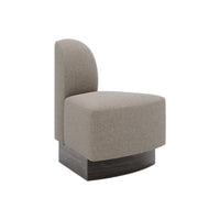 Modern beige upholstered chair with a curved back and dark wood base, offering a stylish accent for any space.