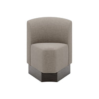 Curved beige chair with soft upholstery and a sleek dark wood base, perfect for modern decor.