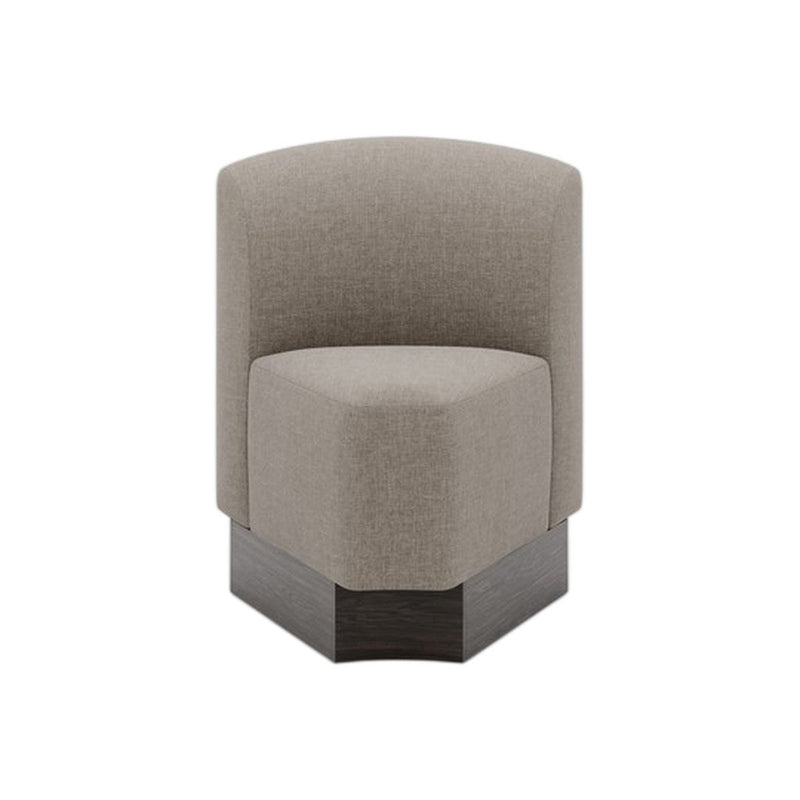 Curved beige chair with soft upholstery and a sleek dark wood base, perfect for modern decor.