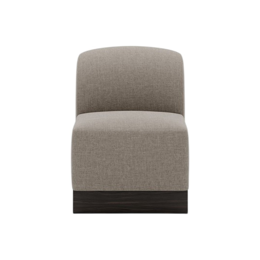 Neutral beige upholstery with a smooth texture and a dark wood base, perfect for modern home decor.