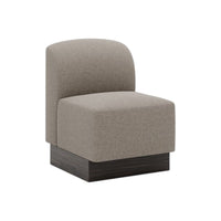 Light gray upholstered accent chair with a curved back and dark wood base, perfect for modern interiors.