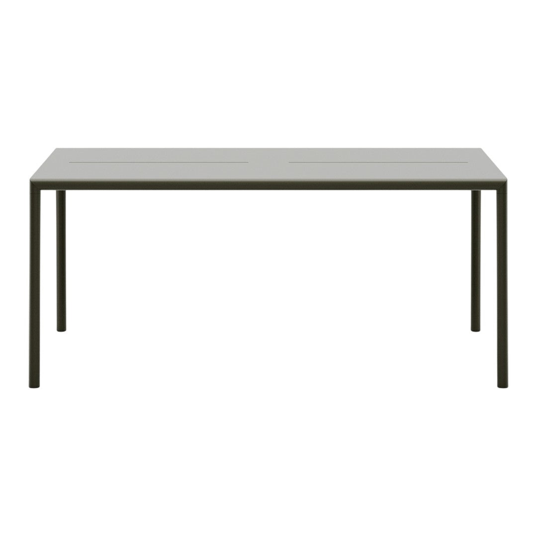 Modern rectangular table in a sleek gray finish with minimalist black metal legs, featuring a smooth, solid surface.