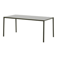 Gray rectangular table with a smooth surface and sleek dark metal legs, perfect for modern dining spaces.